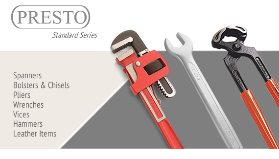 Presto Tools India - Spanners India, Brick Bolsters India, Chisels India, Pliers India, Wrecking Bars India, Utility Bars India, Wrenches India, Vices India, Hammers India, Leather Items India